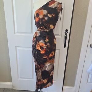 All Saints Orange‎ and Black Asymmetrical Ruched Cocktail Dress